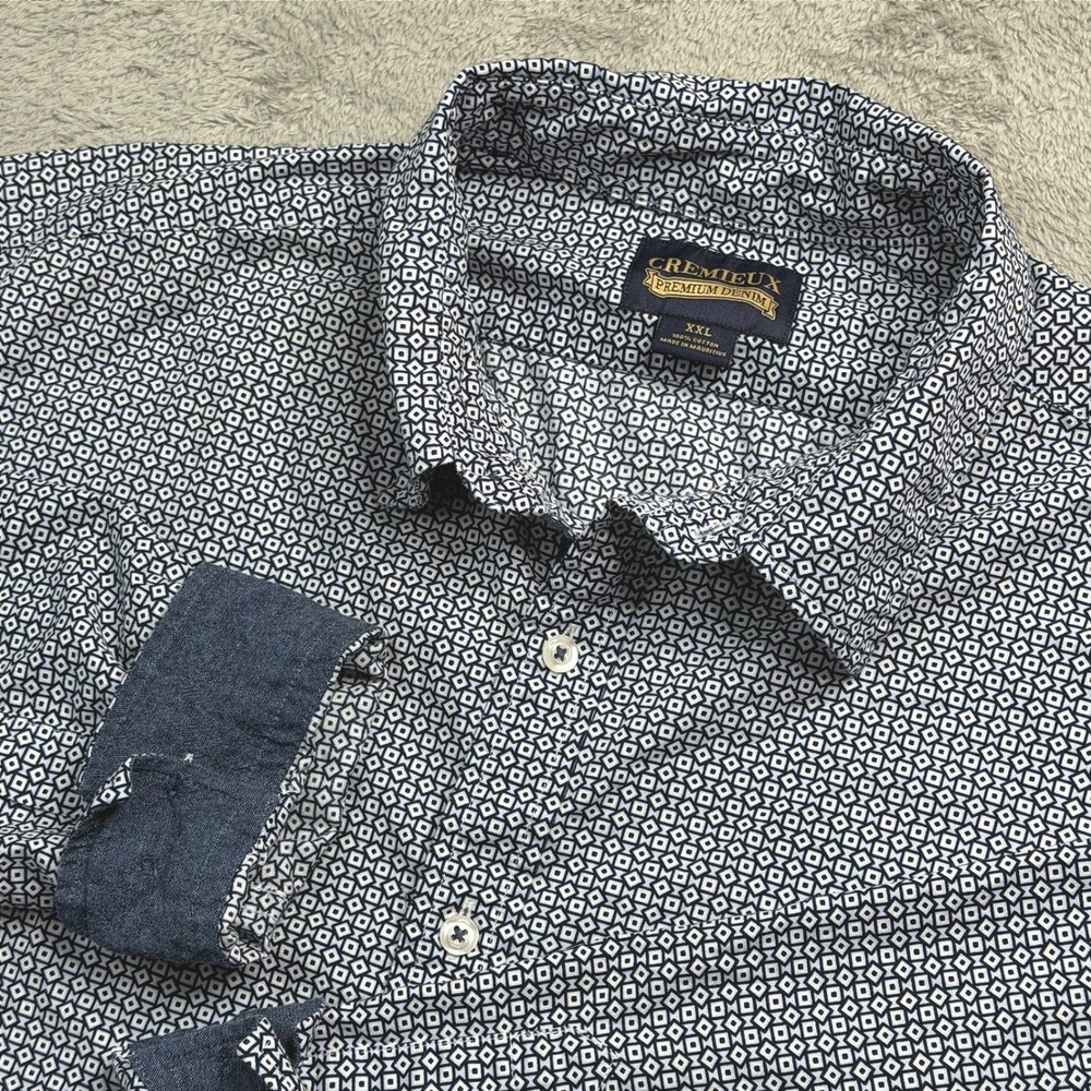 Cremieux Premium Denim Mens XXL Blue Geometric Diamond Cotton Button Down Shirt